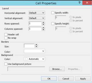 cell properties dialogue